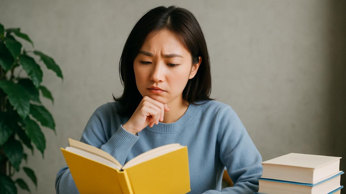 困り顔で本を読む女性