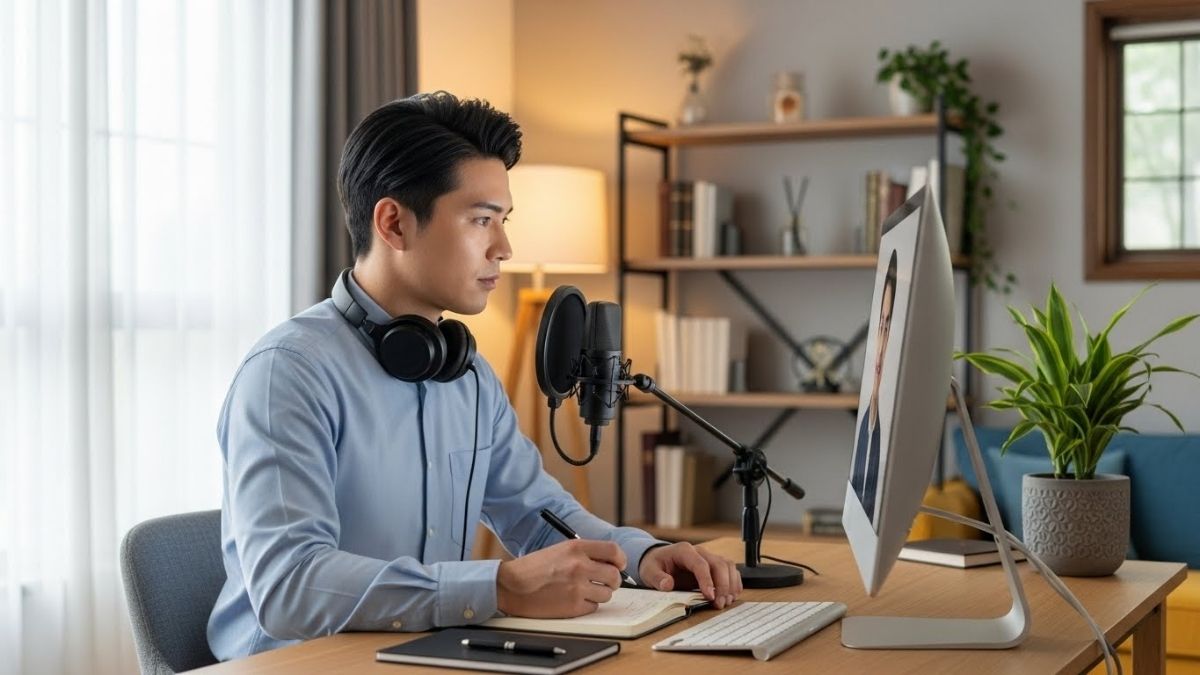 自宅でオンライン会議する様子