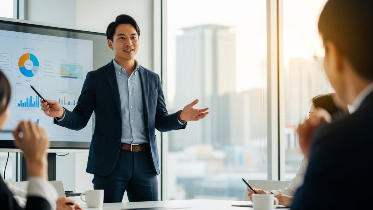 会議でスピーチする様子