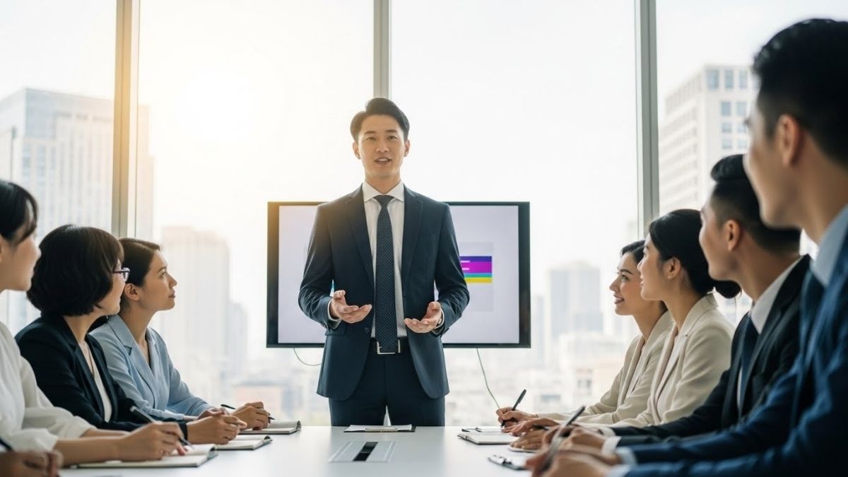 会議でスピーチする様子