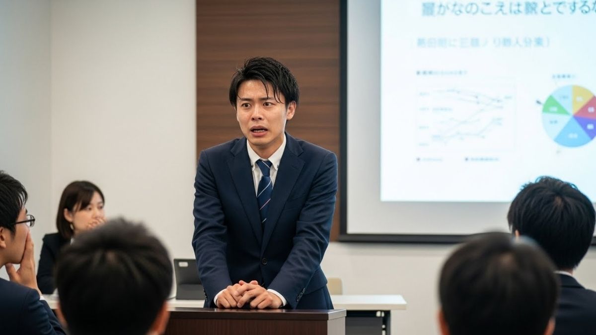 会議でスピーチする様子